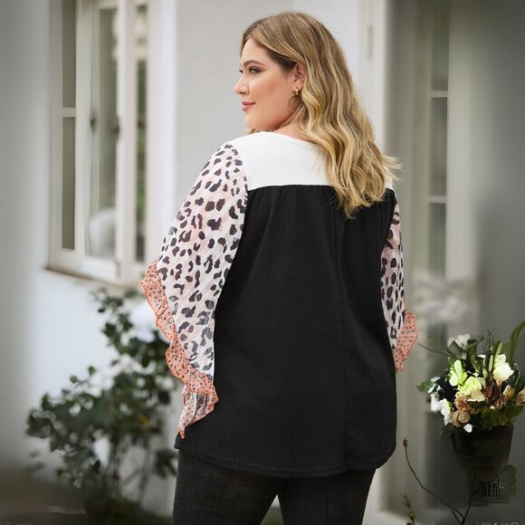 Blouse Women Boutique Colorblock Contrast Panel Flowy Leopard Ruffle Cuff Sleeve - Picture 2 of 16